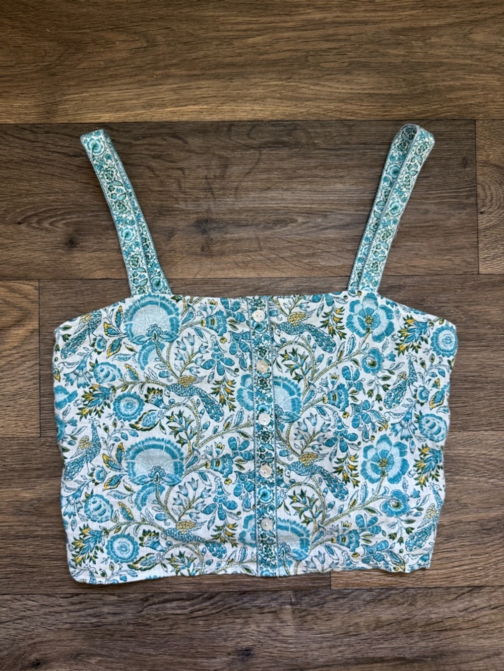 Rachel Zoe 100% Linen Blue White Floral Square Neck Button Cropped Tank M